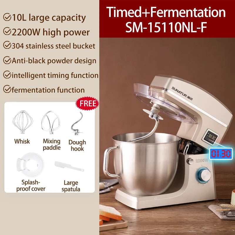 SUNATUR 10L Stand Mixer 2200w Dough Kneading Planetary Proccessor Automatic Beater Electric timed Kitchen Blender cream whipper