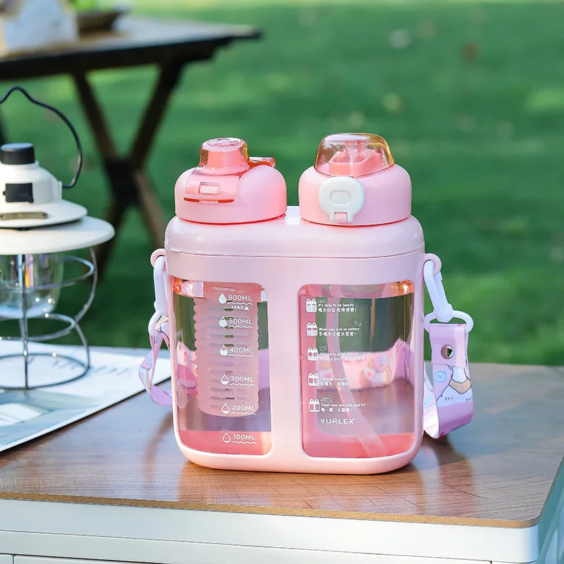 Summer Split-Compartment Double Drinking Straw Cup with ABS Material Kids Portable Water Bottle for Sports & Outdoor Leakproof