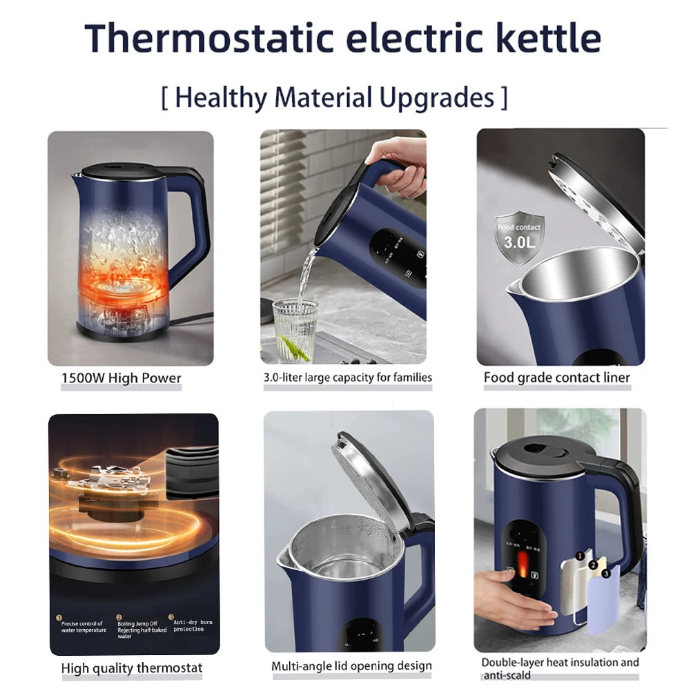 2.2L Stainless Steel Electric Digital Display Large Tea Kettle Auto-Shutoff Thermal Water Kettle 1500W Fast Boil Tea Pot Kettle