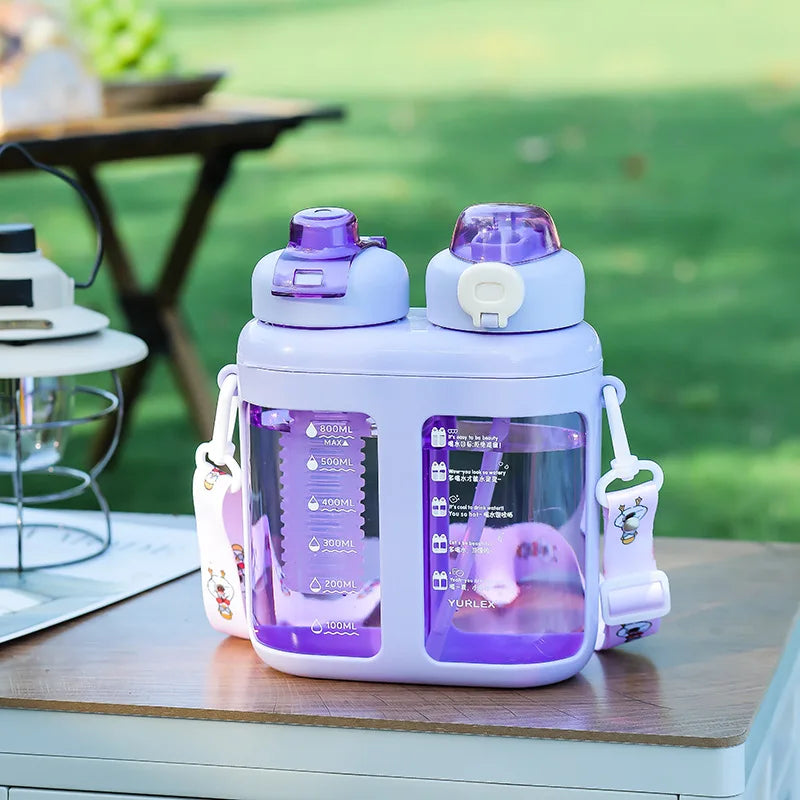 Summer Split-Compartment Double Drinking Straw Cup with ABS Material Kids Portable Water Bottle for Sports & Outdoor Leakproof