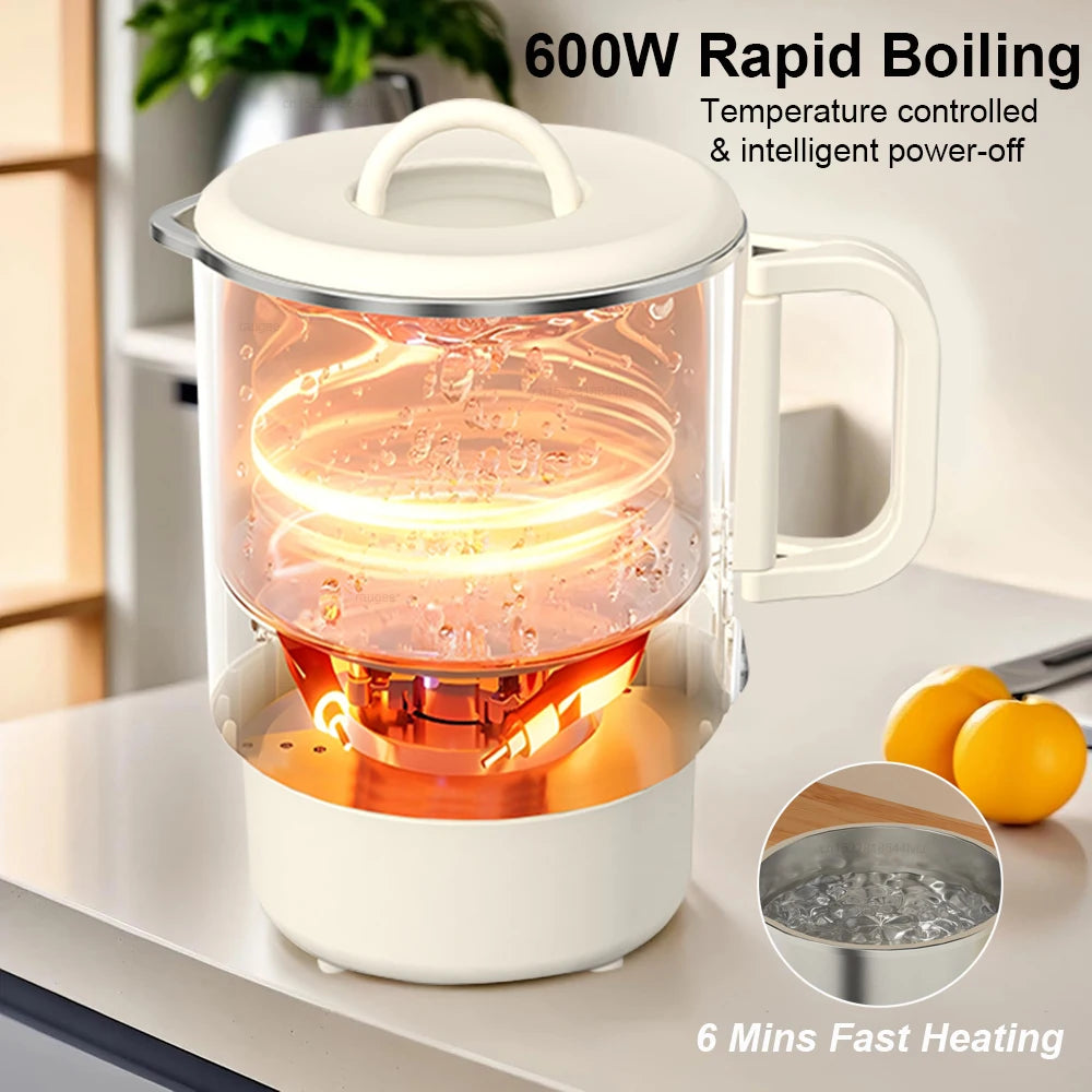 Electric Water Kettle Portable Mini Kettle with Steaming Rack 1000ml Large Capacity Stainless Steel Home Kitchen Office Travel