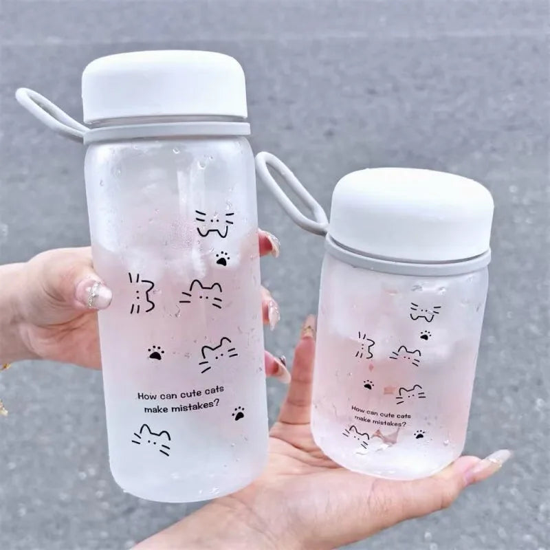 Cute Line Cat Portable Straight Water Bottle for Women Simple Plastic Student Drinking Cup for Summer Outdoor Travel Daily Use