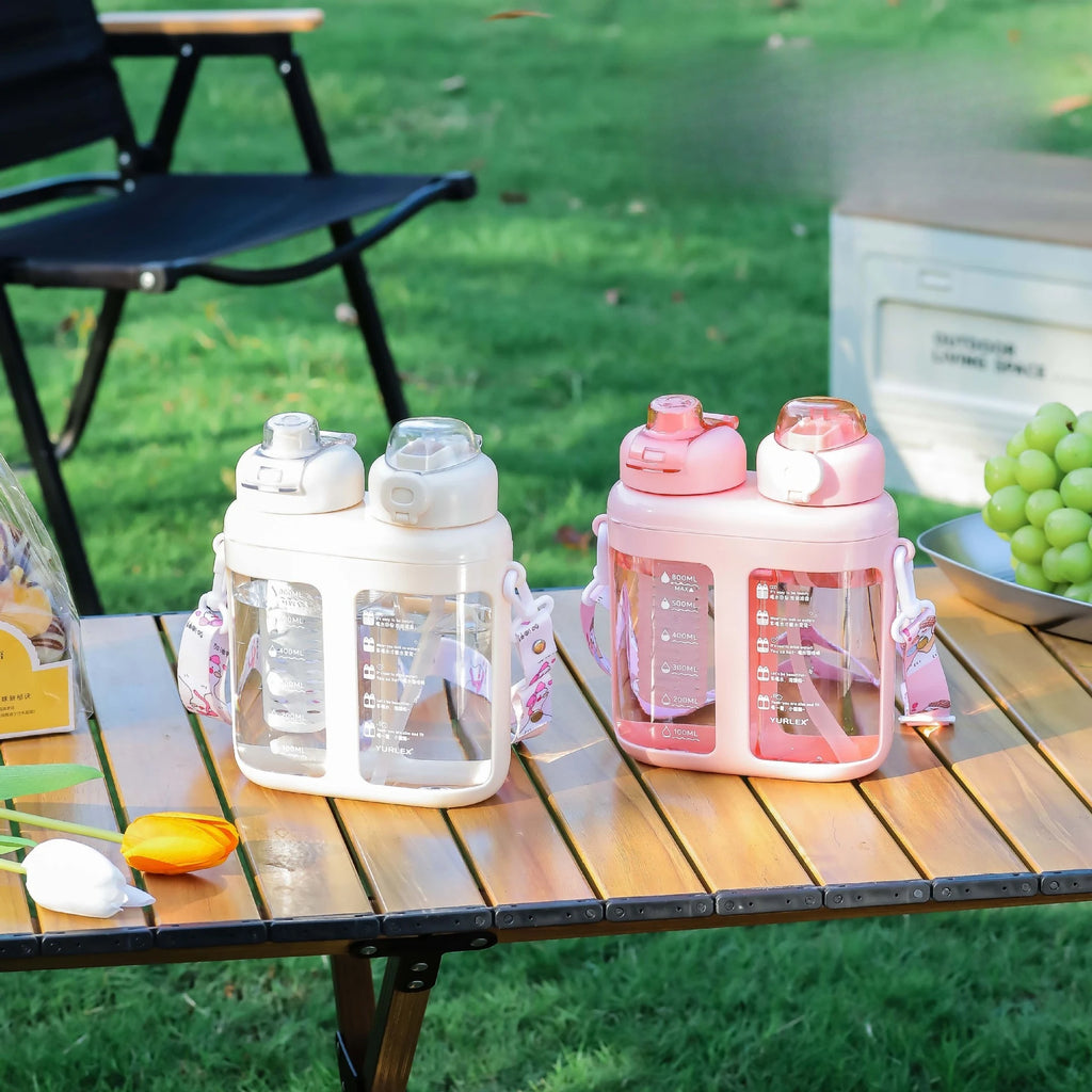 Summer Split-Compartment Double Drinking Straw Cup with ABS Material Kids Portable Water Bottle for Sports & Outdoor Leakproof