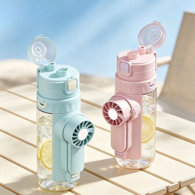 Portable Cooling Spray Fan Cup Large Straw Design Outdoor Fitness Summer Sports Water Bottle