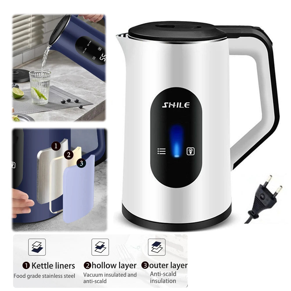 2.2L Stainless Steel Electric Digital Display Large Tea Kettle Auto-Shutoff Thermal Water Kettle 1500W Fast Boil Tea Pot Kettle