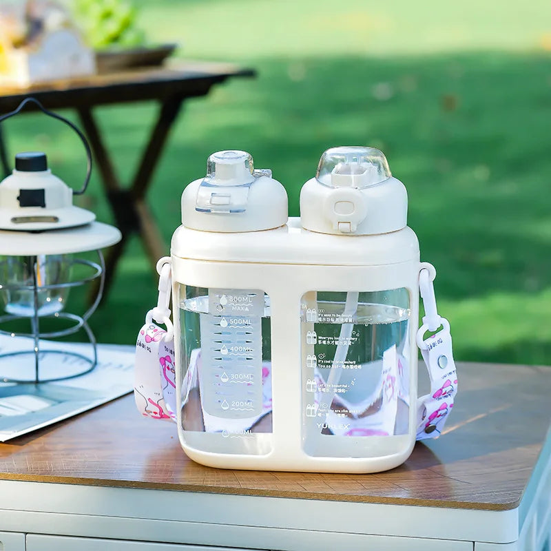 Summer Split-Compartment Double Drinking Straw Cup with ABS Material Kids Portable Water Bottle for Sports & Outdoor Leakproof