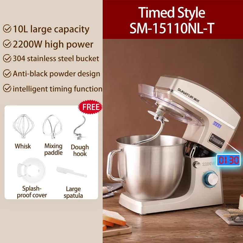 SUNATUR 10L Stand Mixer 2200w Dough Kneading Planetary Proccessor Automatic Beater Electric timed Kitchen Blender cream whipper