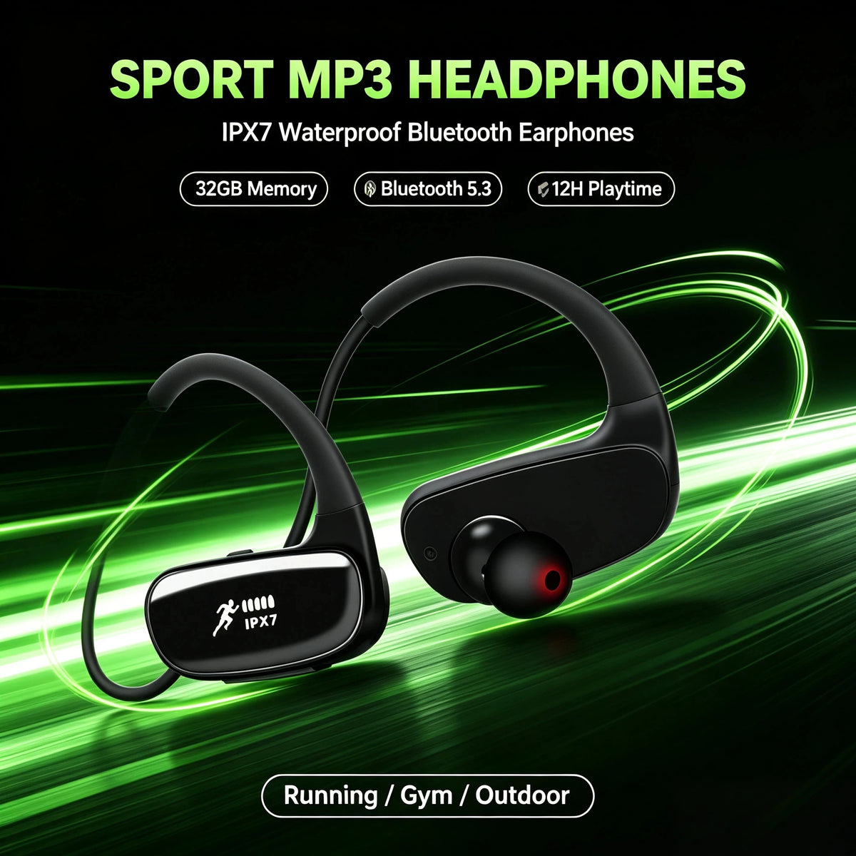 Bluetooth Sports Earphones IPX7 Waterproof with 32GB Built-in MP3 Storage Secure Fit Headphones for Running Cycling Hiking Gym