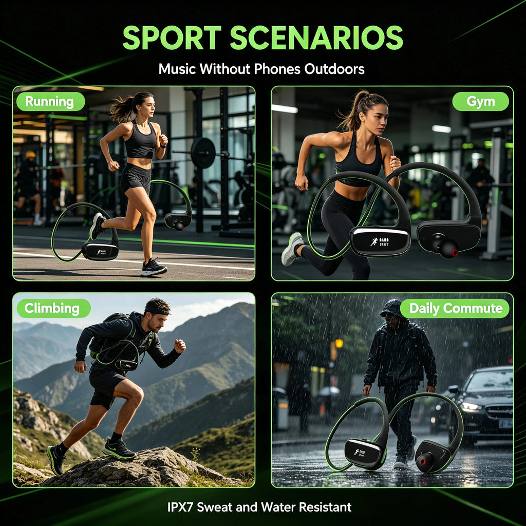 Bluetooth Sports Earphones IPX7 Waterproof with 32GB Built-in MP3 Storage Secure Fit Headphones for Running Cycling Hiking Gym