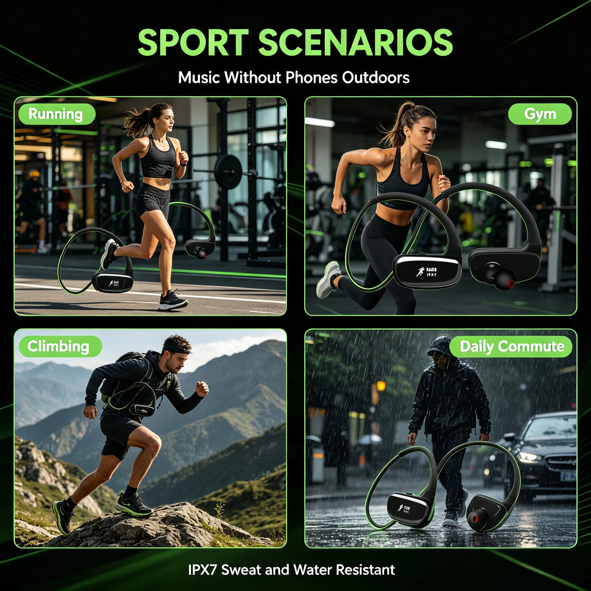 Bluetooth Sports Earphones IPX7 Waterproof with 32GB Built-in MP3 Storage Secure Fit Headphones for Running Cycling Hiking Gym