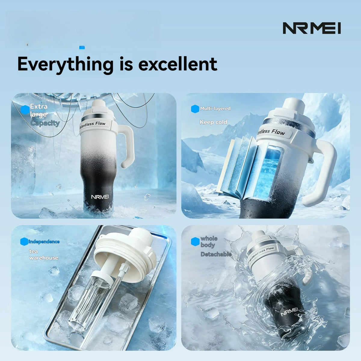 Cold Insulated Ceramic Tumbler Inner Large Water Bottle Car Cup  with Handle Straw Multipurpose Fitness
