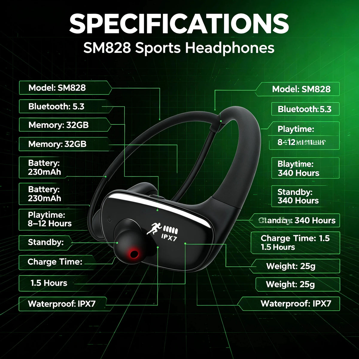 Bluetooth Sports Earphones IPX7 Waterproof with 32GB Built-in MP3 Storage Secure Fit Headphones for Running Cycling Hiking Gym