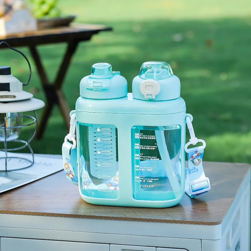 Summer Split-Compartment Double Drinking Straw Cup with ABS Material Kids Portable Water Bottle for Sports & Outdoor Leakproof