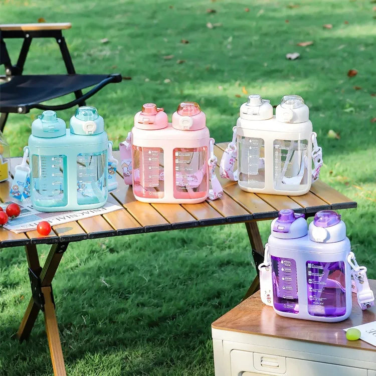 Summer Split-Compartment Double Drinking Straw Cup with ABS Material Kids Portable Water Bottle for Sports & Outdoor Leakproof