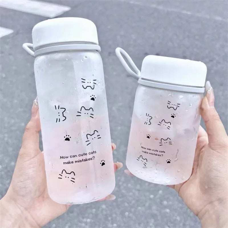 Cute Line Cat Portable Straight Water Bottle for Women Simple Plastic Student Drinking Cup for Summer Outdoor Travel Daily Use