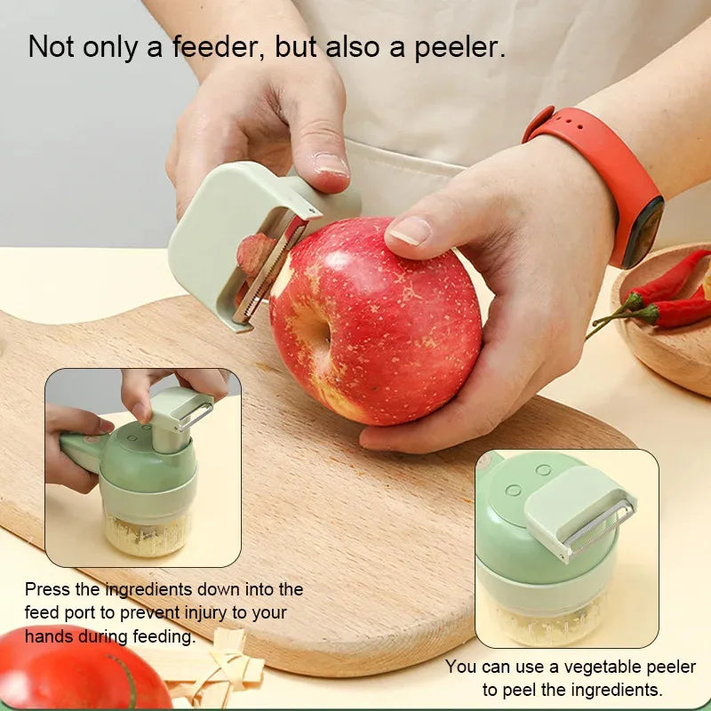 4 IN 1 Electric Vegetable Cutter Food Peel Slicer Handheld Wireless Garlic Masher Food Chopper Meat Grinder Home Kitchen Mincer