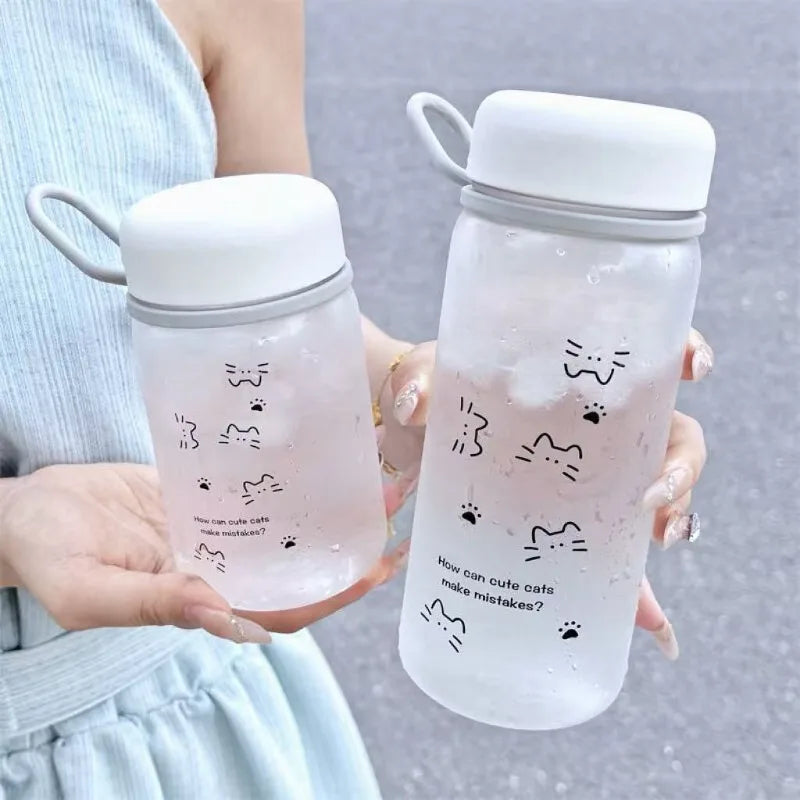 Cute Line Cat Portable Straight Water Bottle for Women Simple Plastic Student Drinking Cup for Summer Outdoor Travel Daily Use