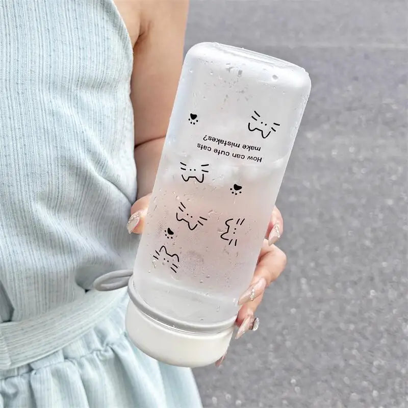 Cute Line Cat Portable Straight Water Bottle for Women Simple Plastic Student Drinking Cup for Summer Outdoor Travel Daily Use
